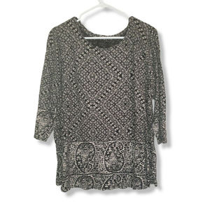 Lucky Brand Womens Plus 2X Paisley Border Print Top Black White Shirt 3/4 sleeve